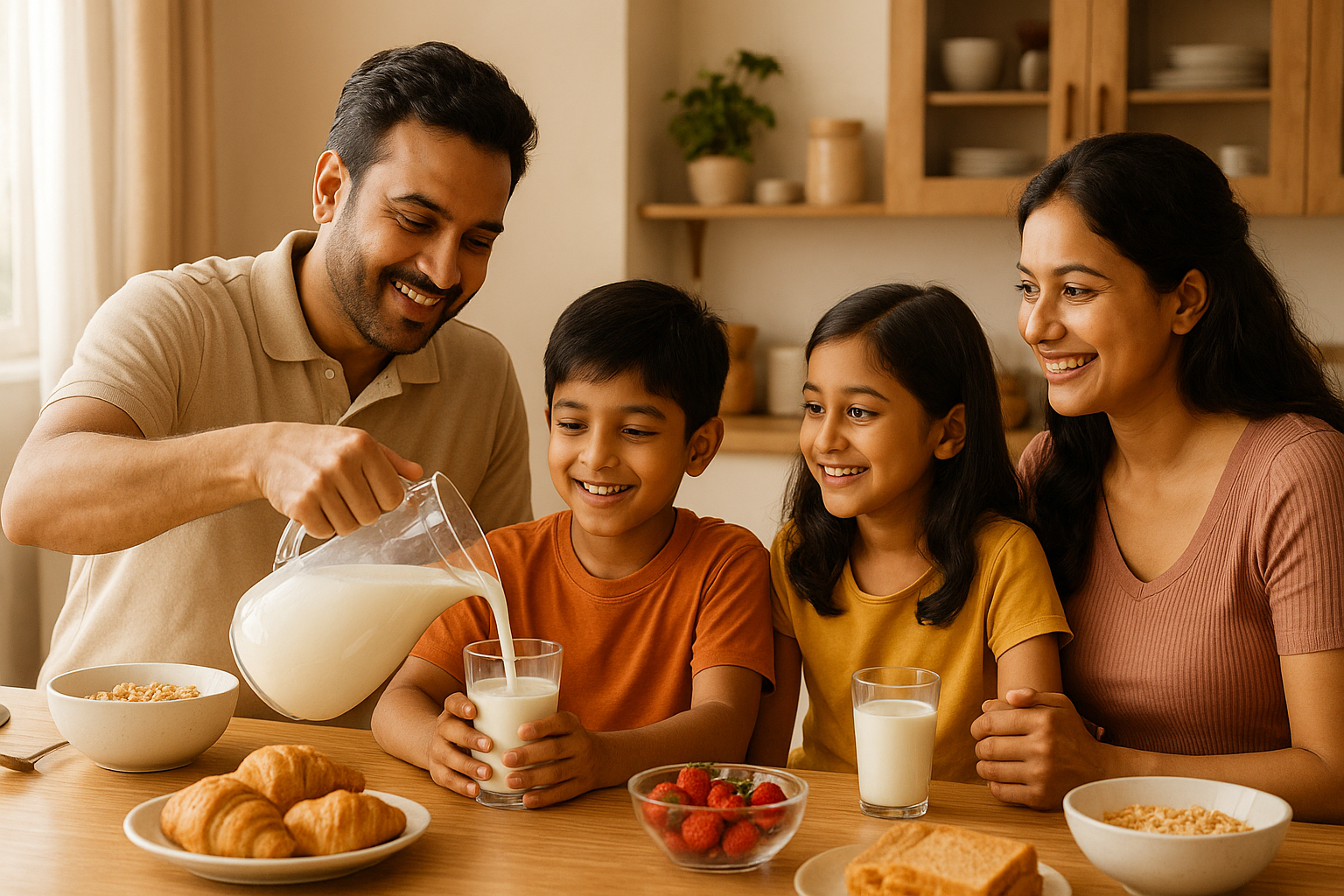Pouring milk into a glass on a kitchen table